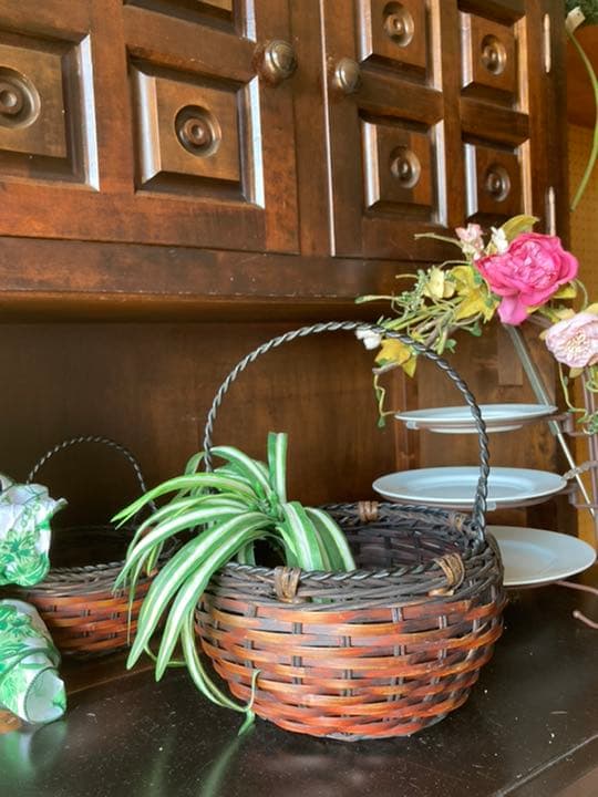 予約品★ジャパネスクバンブーバスケット大小2個セットアイアン取っ手ヴィンテージ