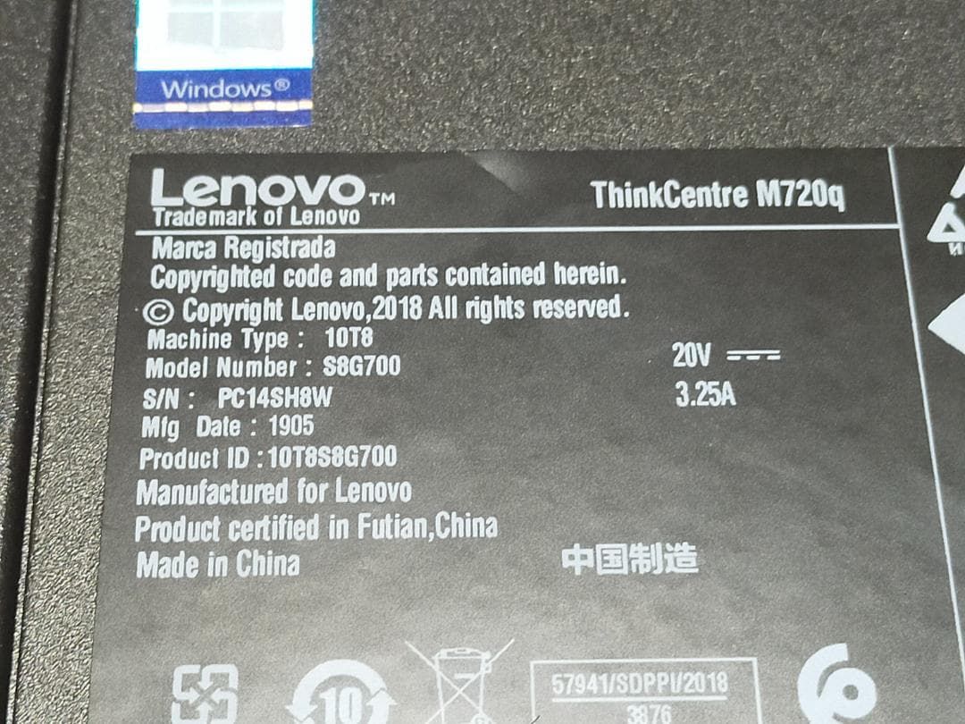 ミニPC Lenovo M720q i5-8400T16GB Wifi Bluetooth