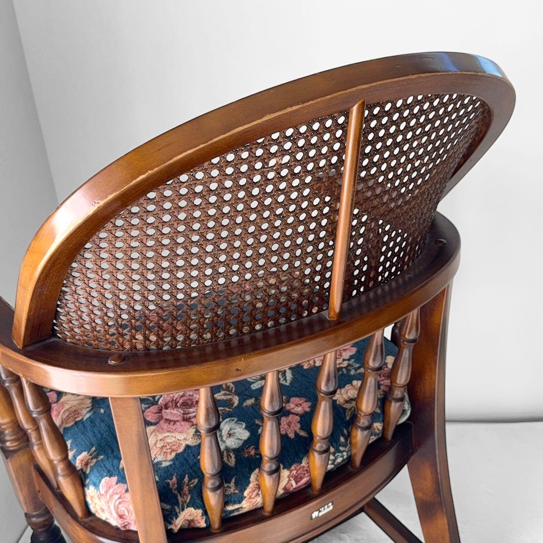 オールドカリモク コロニアル 花柄 ベロア ラタン アームチェア アンティーク