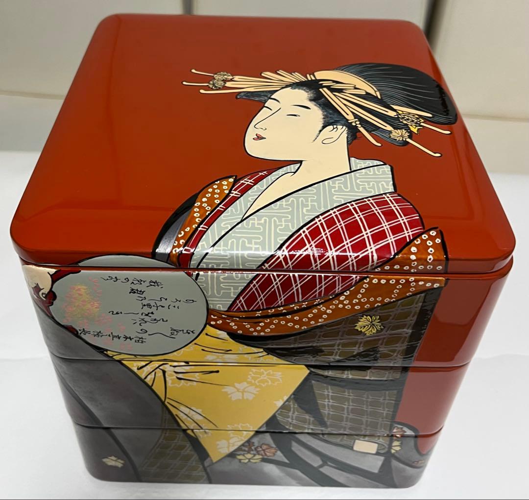 会津塗 木製三段重 朱漆 浮世絵 手書 蒔絵 うるし絵・会津絵　珍品