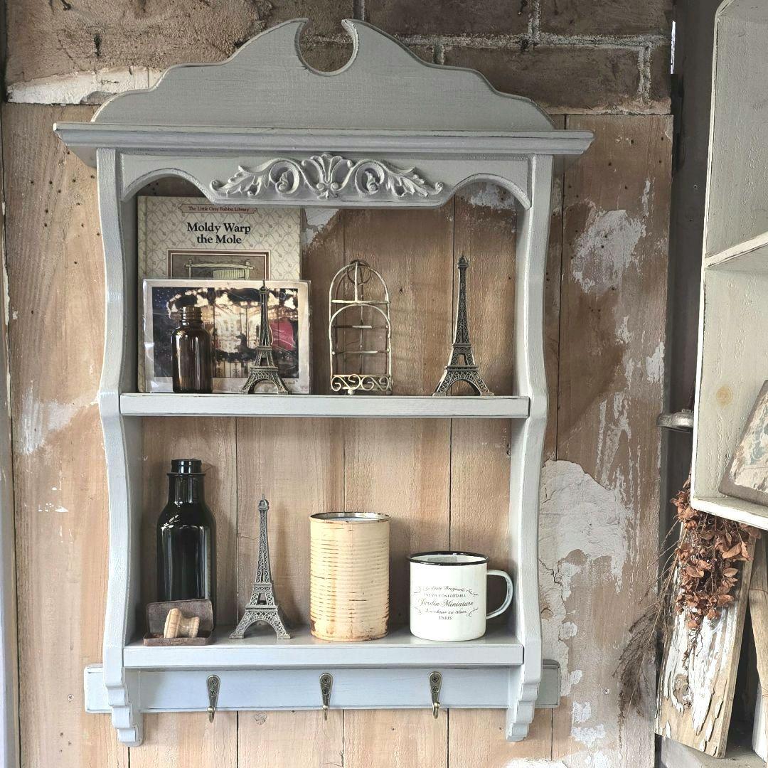 フレンチアンティークシャビー壁掛けシェルフ　ワイド450グレー　モール