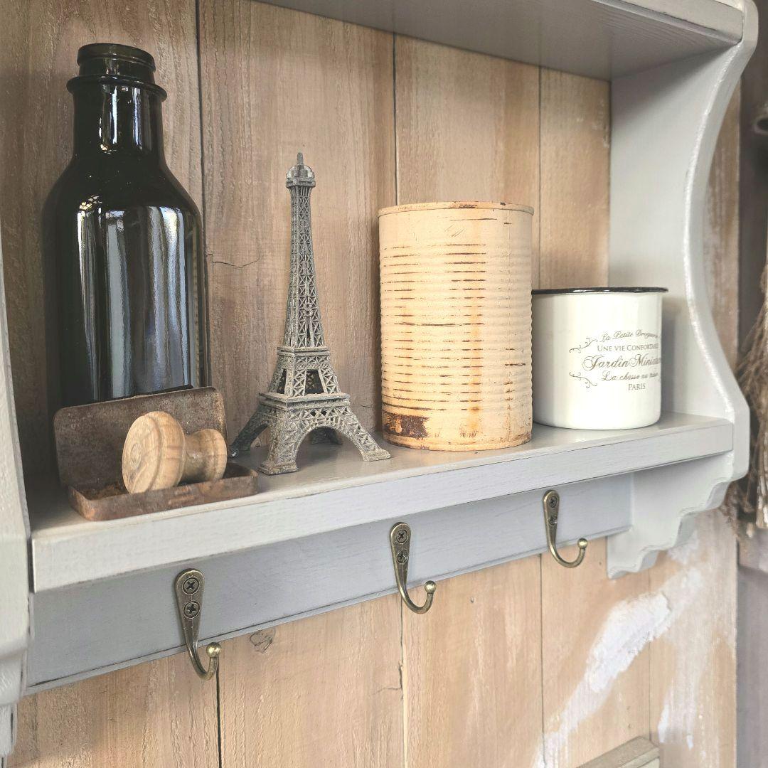 フレンチアンティークシャビー壁掛けシェルフ　ワイド450グレー　モール
