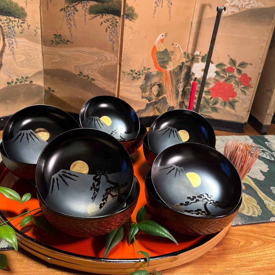A1029 木製輪島塗　富士月　闇蒔絵　流水に亀蒔絵　吸い物庵5客