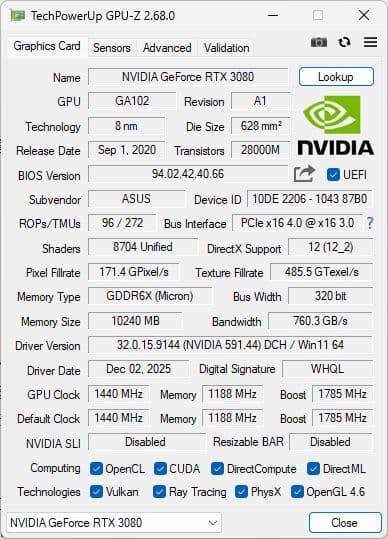 ASUS TUF RTX3080 10GB GDDR6X 動作確認済 箱なし