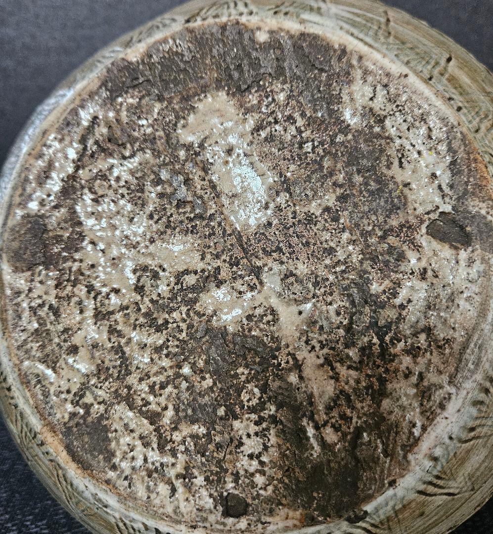 【李朝コレクター放出品❗】李氏朝鮮時代　粉青沙器　丸に鳥　花三島　双耳　壺　花入