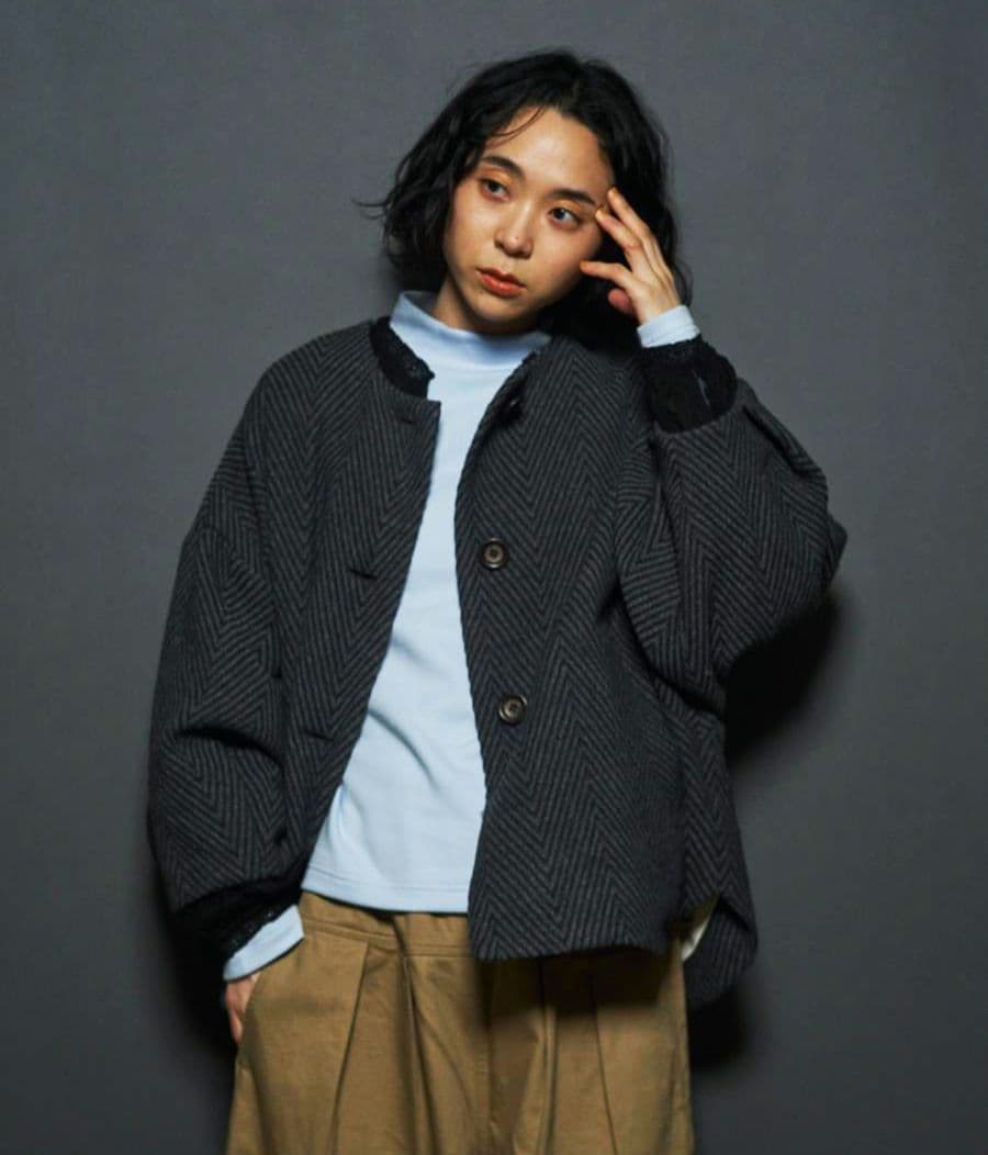 tumugu ビッグヘリンボーンノーカラージャケット