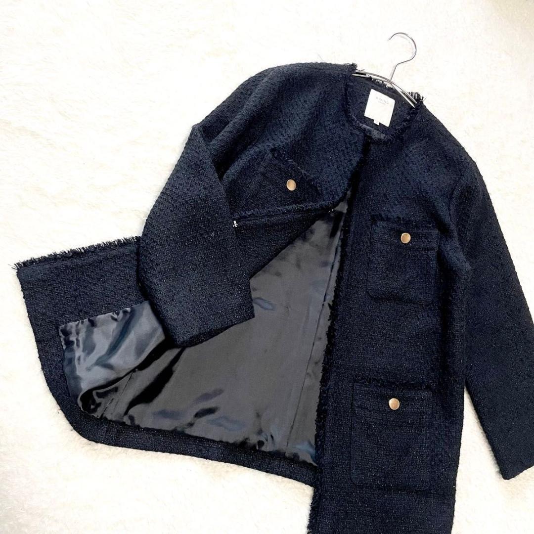 B:MING by BEAMS　ツイード M 黒 ノーカラ- フリンジ 金ボタン