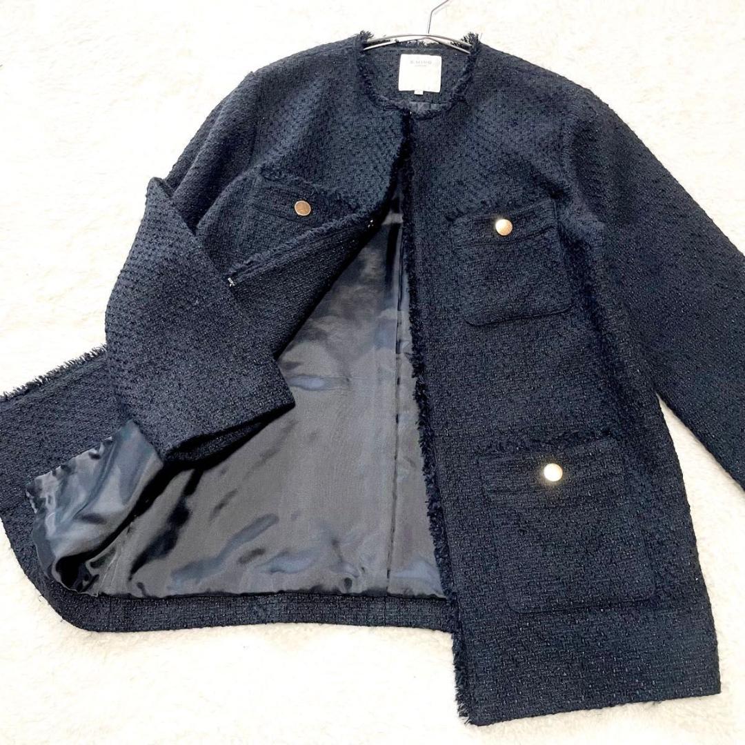 B:MING by BEAMS　ツイード M 黒 ノーカラ- フリンジ 金ボタン