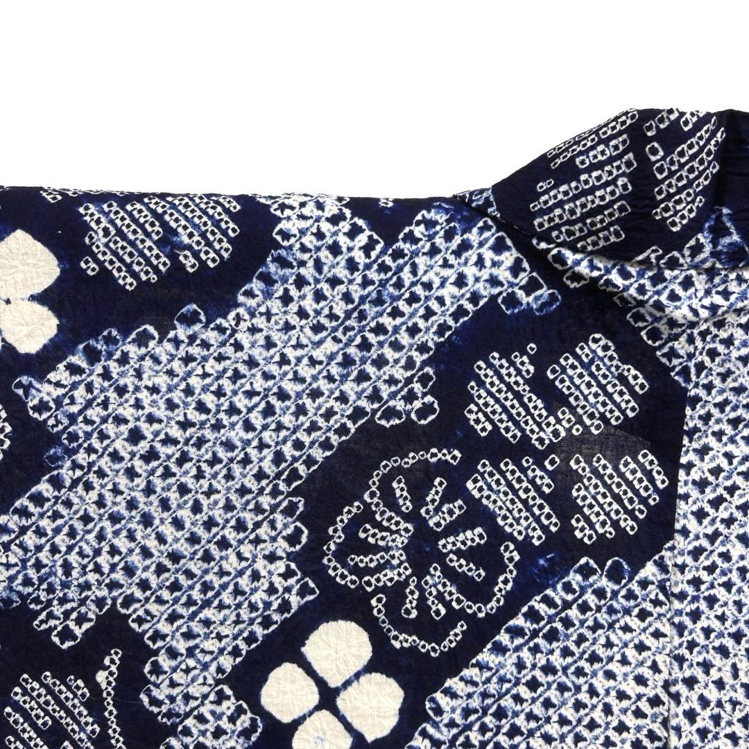 浴衣　有松鳴海絞り　蝶　菱　花模様　ネイビー　着物　034a d