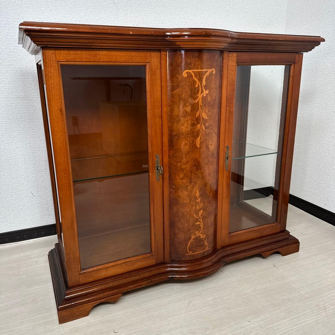 英国 アンティーク調 ガラス キャビネット キュリオケース 飾り棚 象嵌 i4※