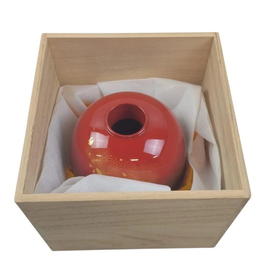 花器　輪島塗　漆器　黒朱ぼかし　朱黒松沈金　木箱　伝統工芸