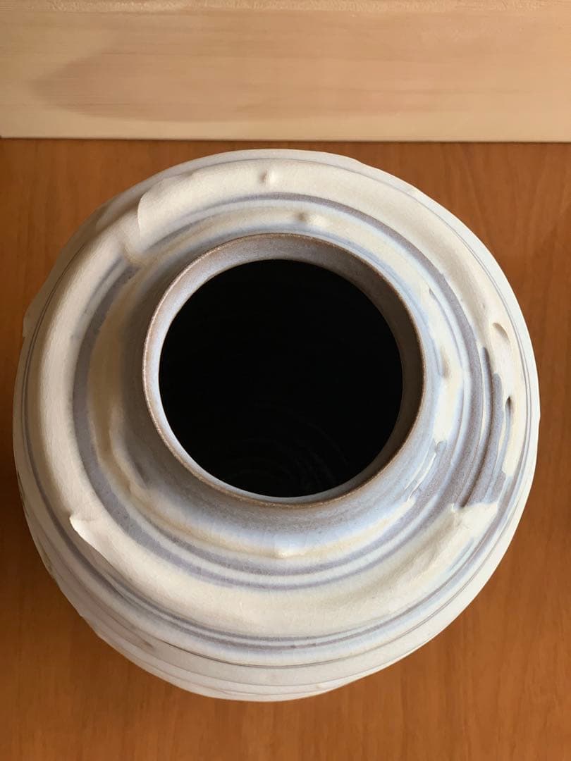 昭和レトロ未使用保管品 常滑 翠窯 陶芸大きな花瓶壺華道ベージュと茶の模様 貫入