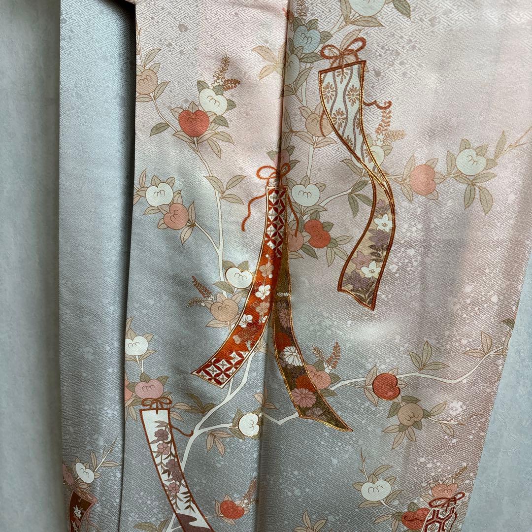 正絹　訪問着　短冊柄　　　　　　　　　　　　ブルーグレーとピンクグラデーション