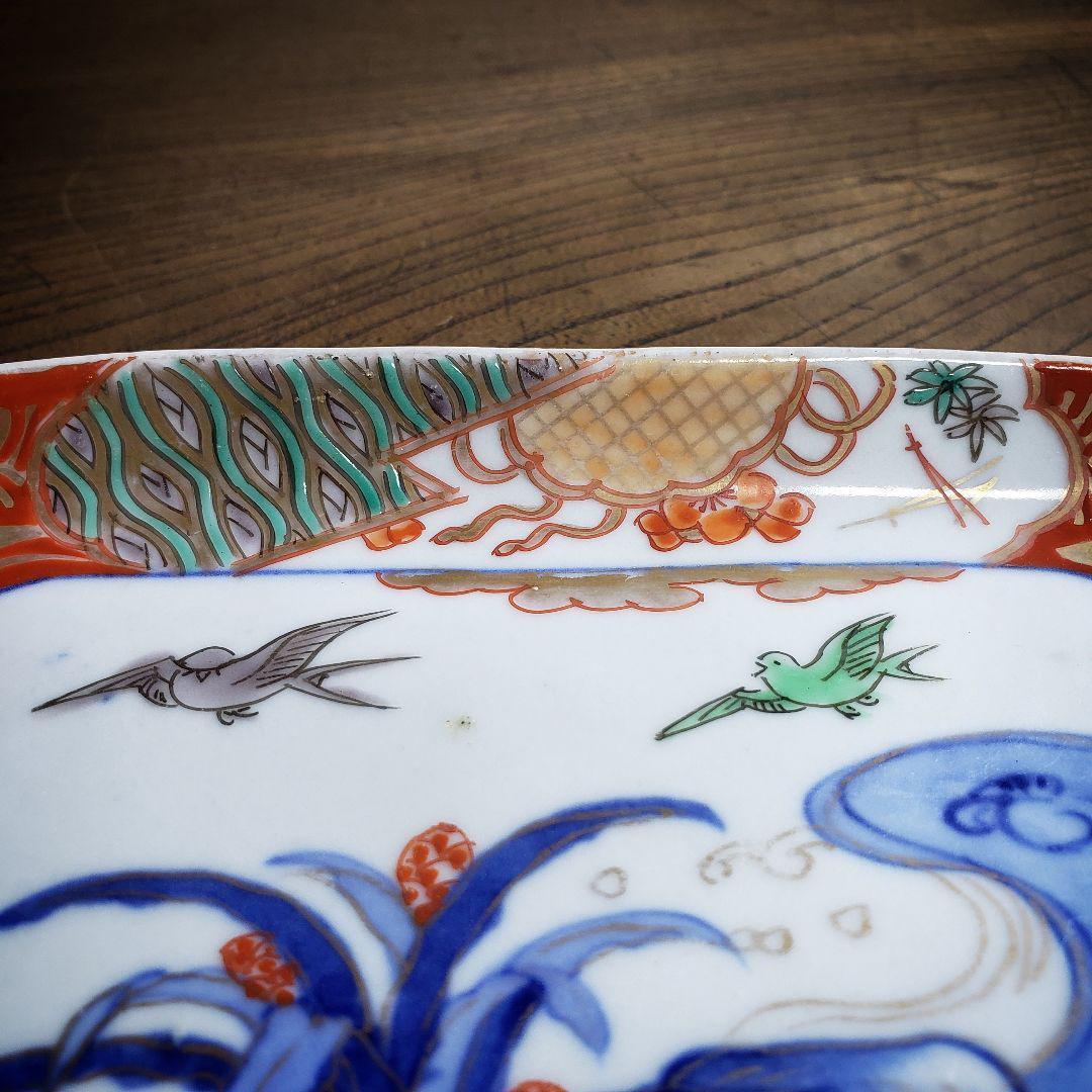 角皿 変形皿 色絵付 金彩 鳥 燕 鷺 波 自然風景 おもと 植物 古伊万里