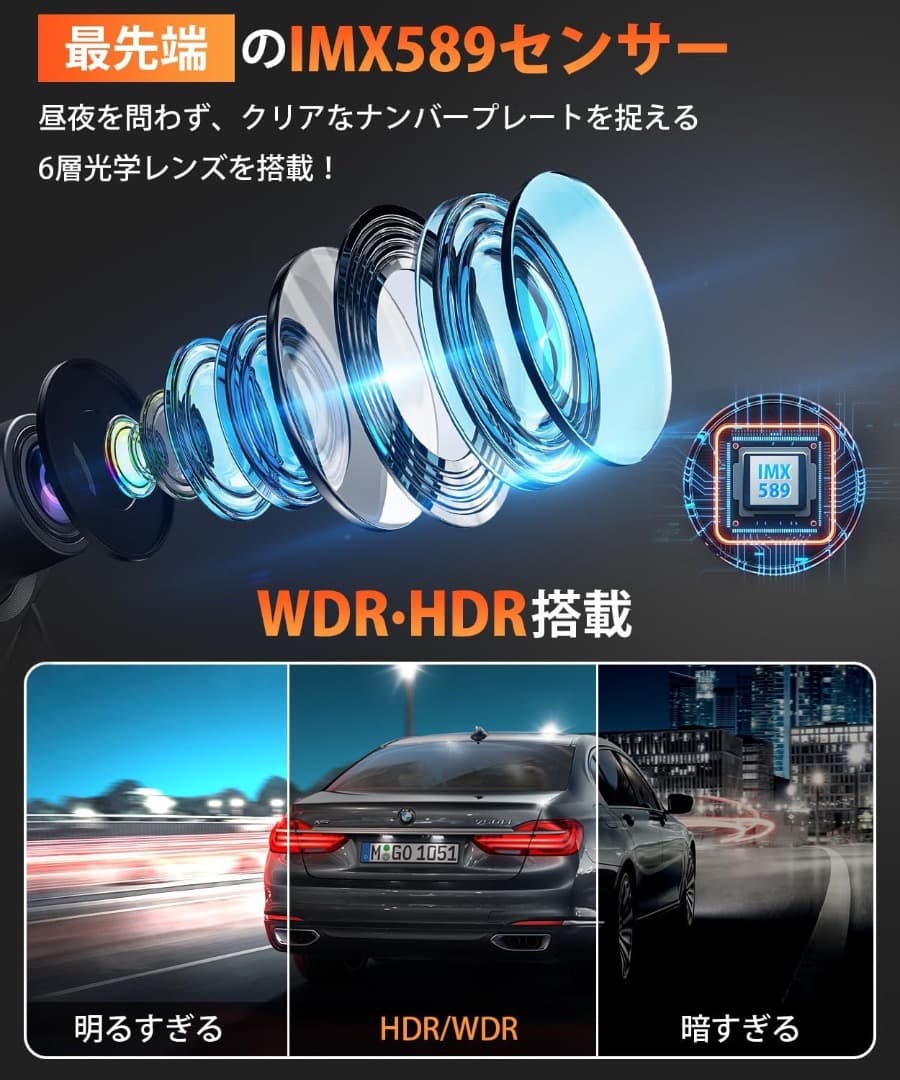 ドライブレコーダー ミラー型 4KHD画質 降圧ケーブル 170度超広角