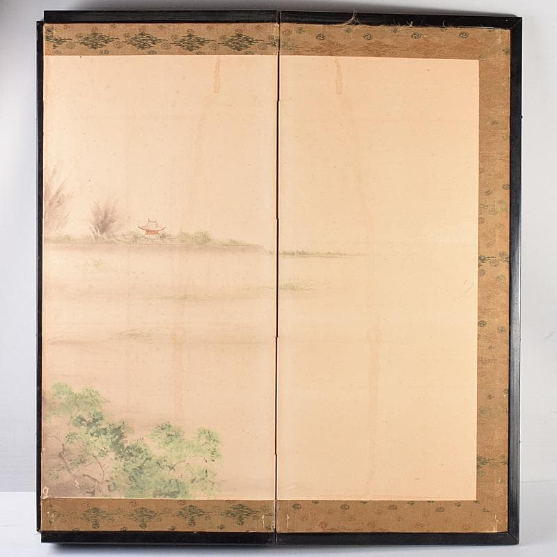 書画　支那事変　野砲戦図　小屏風　衝立　M　R7573B