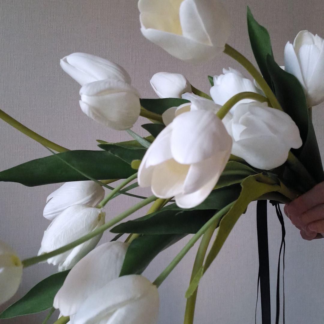 ホワイト　白　チューリップ　シャワーブーケ　ウェディングブーケ　造花