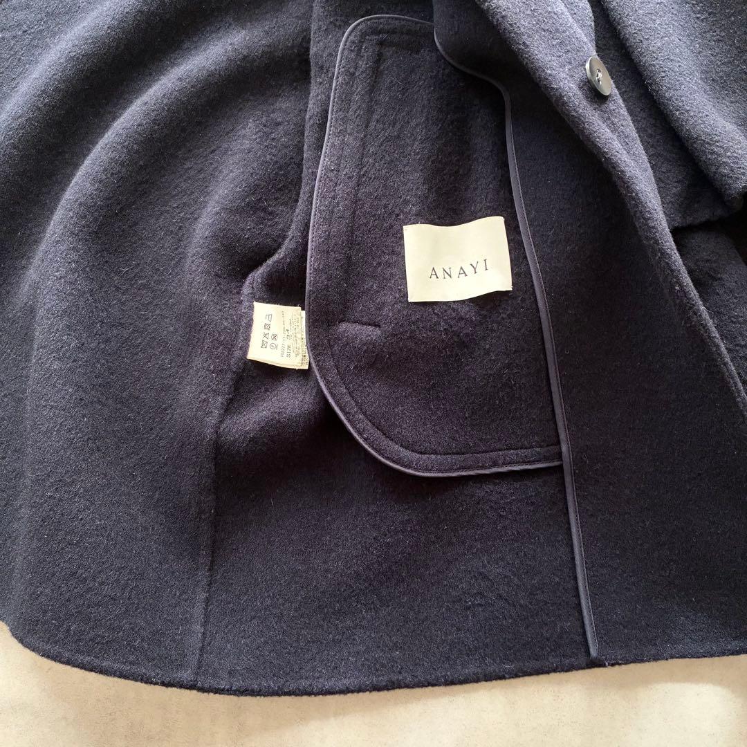 アナイ ゆったり ウール ナイロン リバー ケープ コート フリル袖 ネイビー