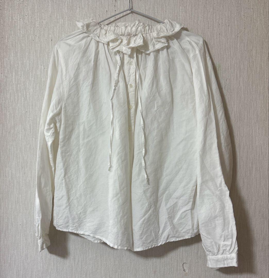 美品 ネストローブコットンリネンダンガリーフリルシャツ