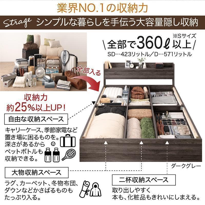 【Fuu☆】 セミダブルベッド 収納 棚 2口コンセント マットレス付N