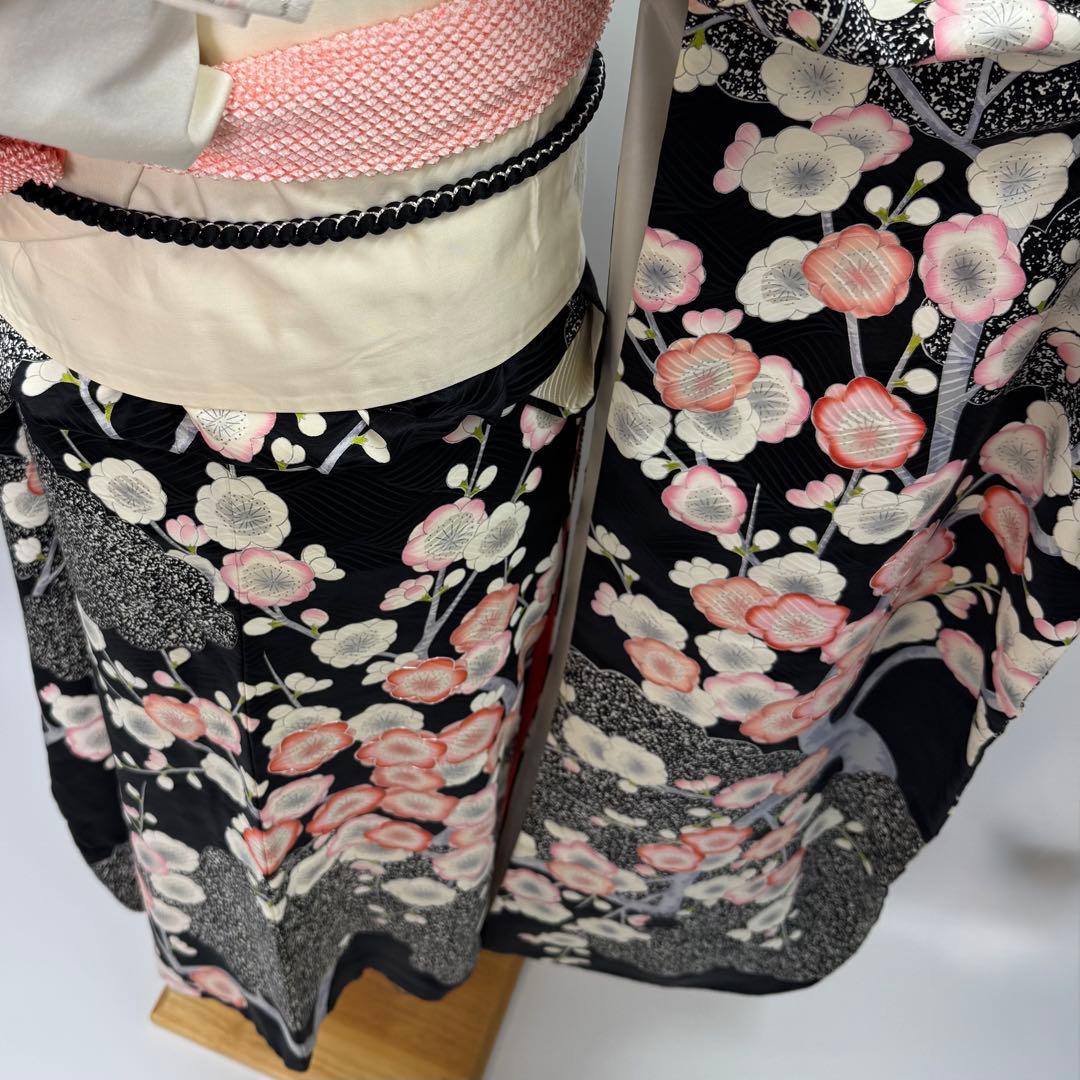 豪華振袖9点フルセット 地紋　銀駒刺繍　黒地　梅紋様　成人式　お正月　結婚式