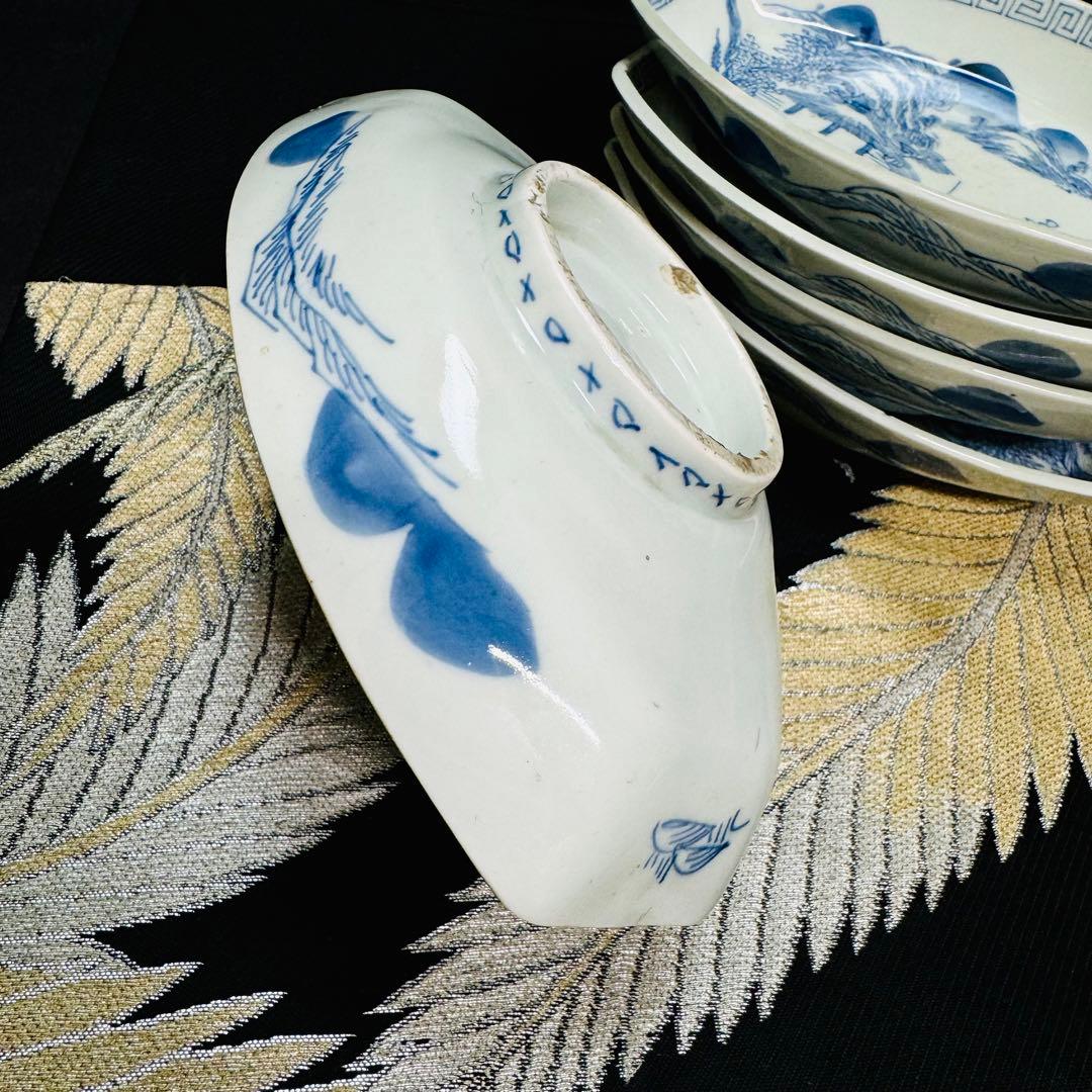 有田焼　古伊万里　染付山水絵　船形　皿　 5客　江戸期　時代物