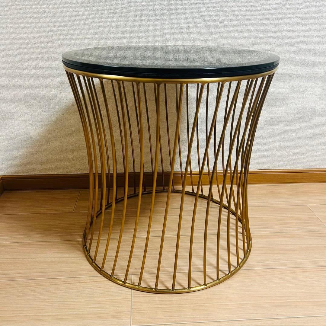 美品　関家具 ラウンド サイドテーブル ガラス天板 ブラス 螺旋 高級 テーブル