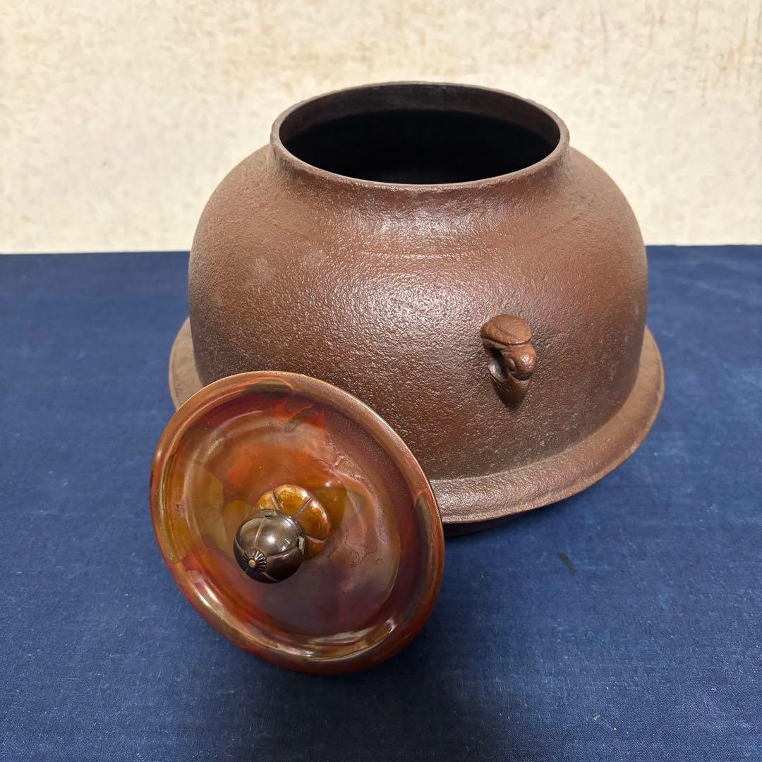 人間国宝敬典造 風炉 茶釜 電熱器 唐銅朝鮮風炉 野々田製電熱器 敷板 底瓦