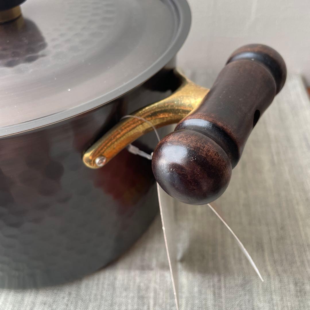 新光金属　COPPER100 銅製 両手鍋 木製ハンドル 槌目　ダークブラウン