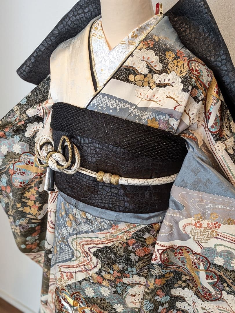 振袖フルセット 身丈155裄63 暈し染め 金銀彩 黒 グレー 逸品 成人式