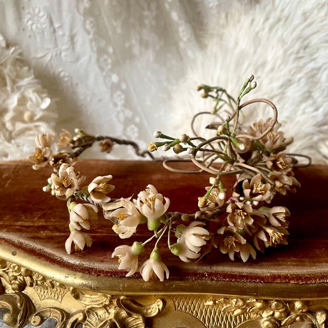 ワックスフラワーティアラ　花冠　ヘッドドレス　マリアージュ　フランスアンティーク