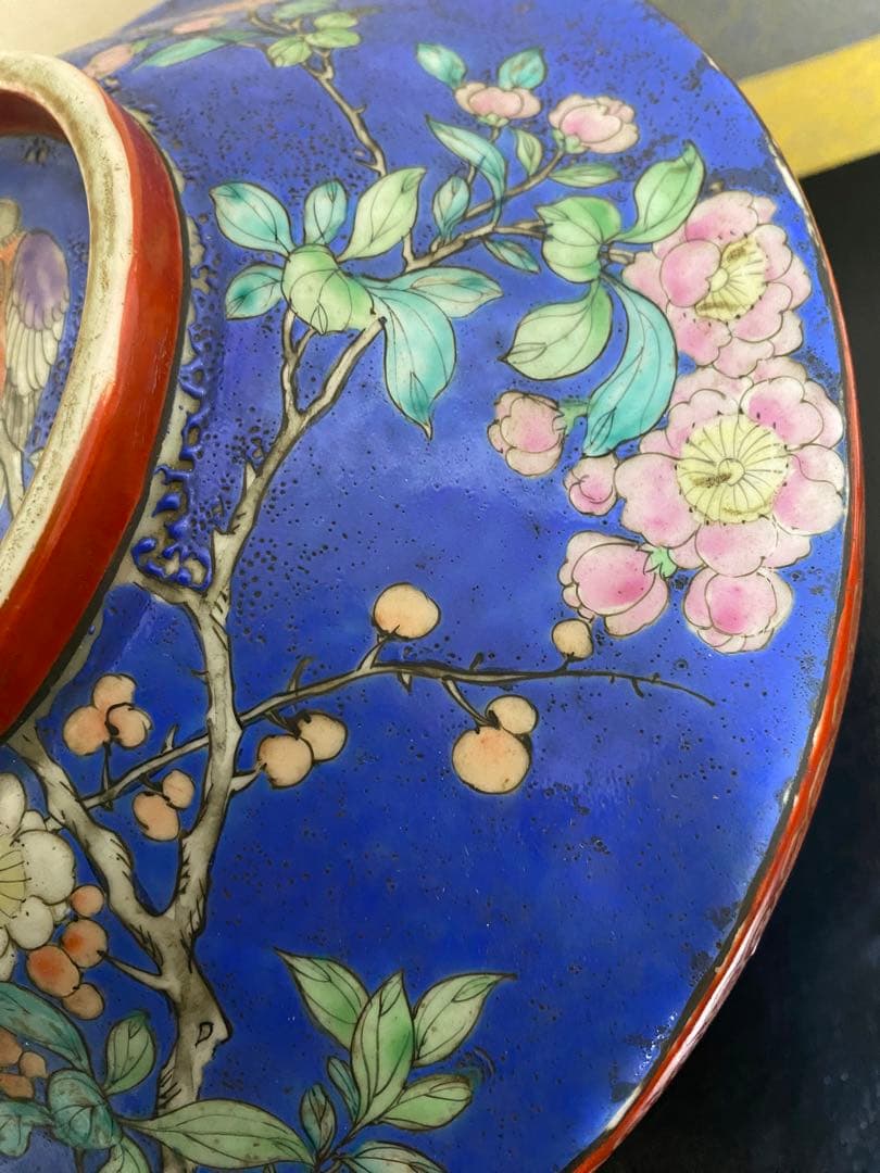 清朝　中国美術 色絵花鳥図蓋物 骨董品保証