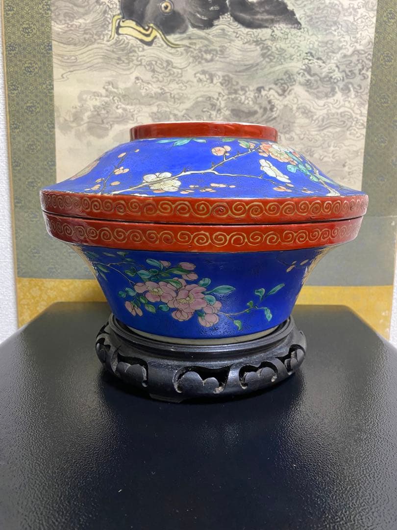 清朝　中国美術 色絵花鳥図蓋物 骨董品保証