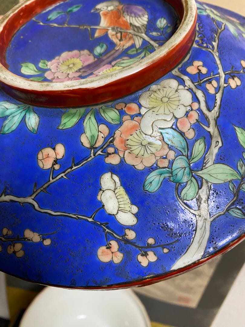 清朝　中国美術 色絵花鳥図蓋物 骨董品保証