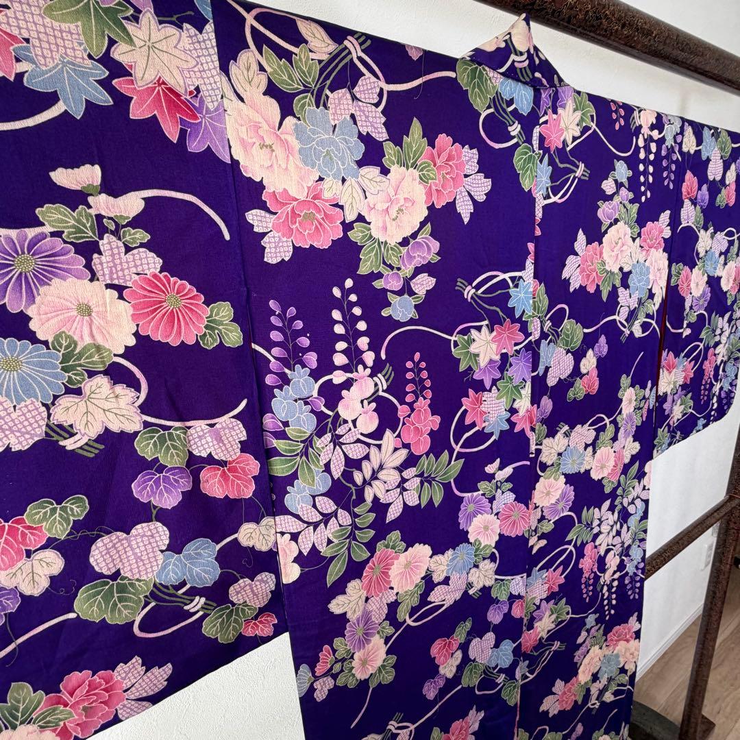 超美品　正絹　袷　着物　小紋　和装 140 綿紗　縮緬　アンティーク　紫　ピンク