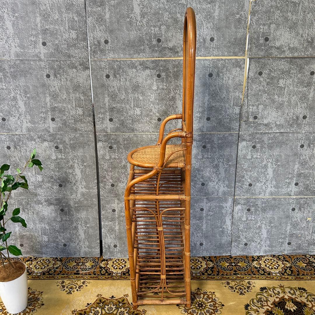 ꧁籐家具꧂ミラー付ラタンスリッパラック シューズ 靴 鏡 玄関収納 昭和レトロ