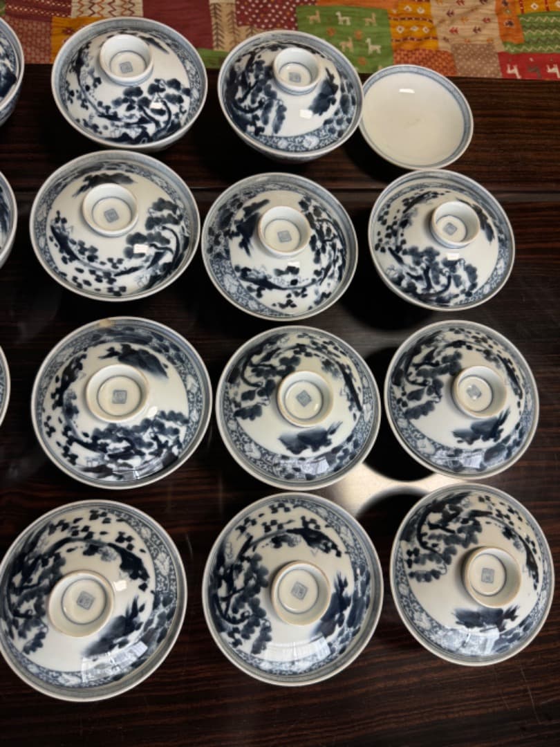 古伊万里 伊万里焼　染付総模様蓋付碗　19客　　江戸後期