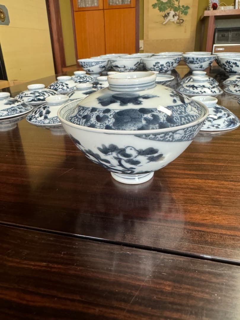 古伊万里 伊万里焼　染付総模様蓋付碗　19客　　江戸後期