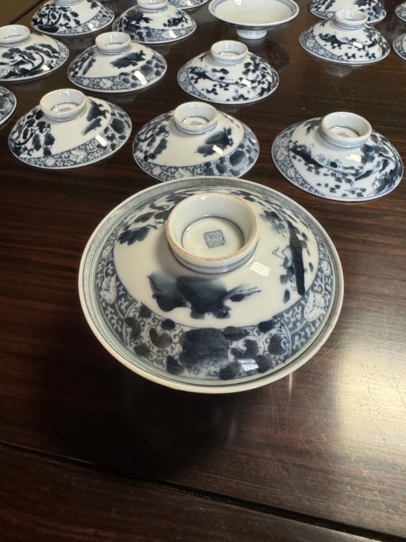 古伊万里 伊万里焼　染付総模様蓋付碗　19客　　江戸後期