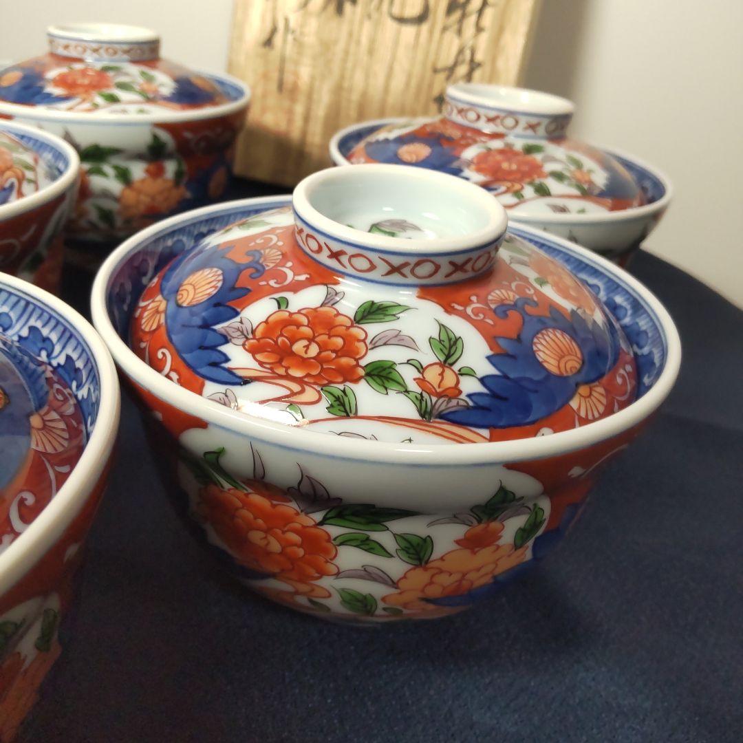 源右衛門 古伊万里 丼 小どん どんぶり 蓋付き 牡丹 染錦 染付 5客 木箱