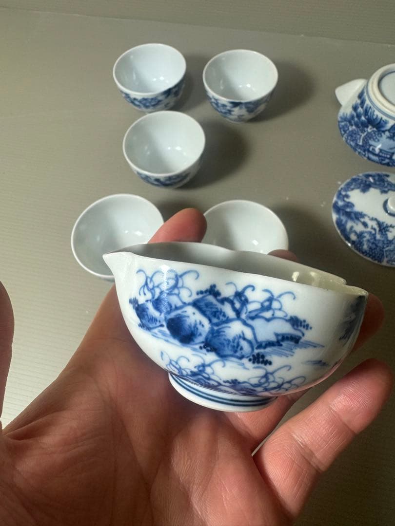 2334 平安草仙　染付青花　茶器セット　宝瓶1客　湯冷し1客　湯呑5客　鉢付き