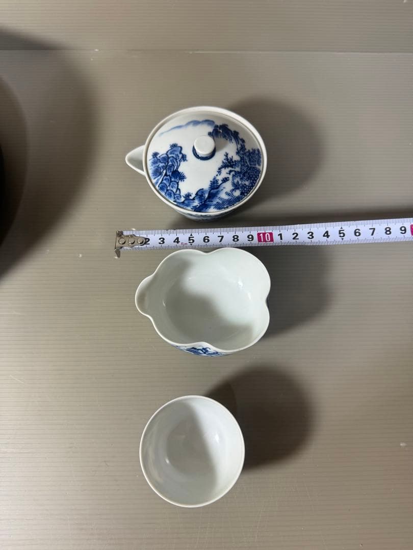 2334 平安草仙　染付青花　茶器セット　宝瓶1客　湯冷し1客　湯呑5客　鉢付き