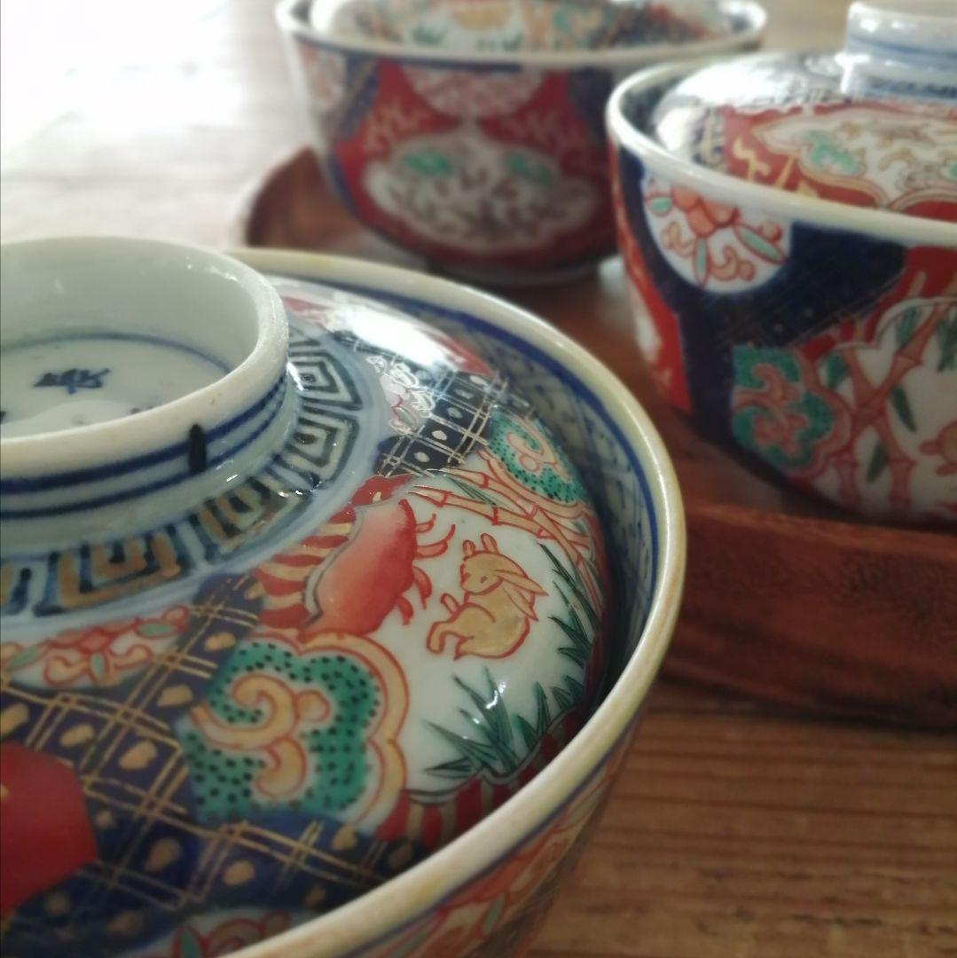 古伊万里　色絵　兎と龍　蓋茶碗　3客