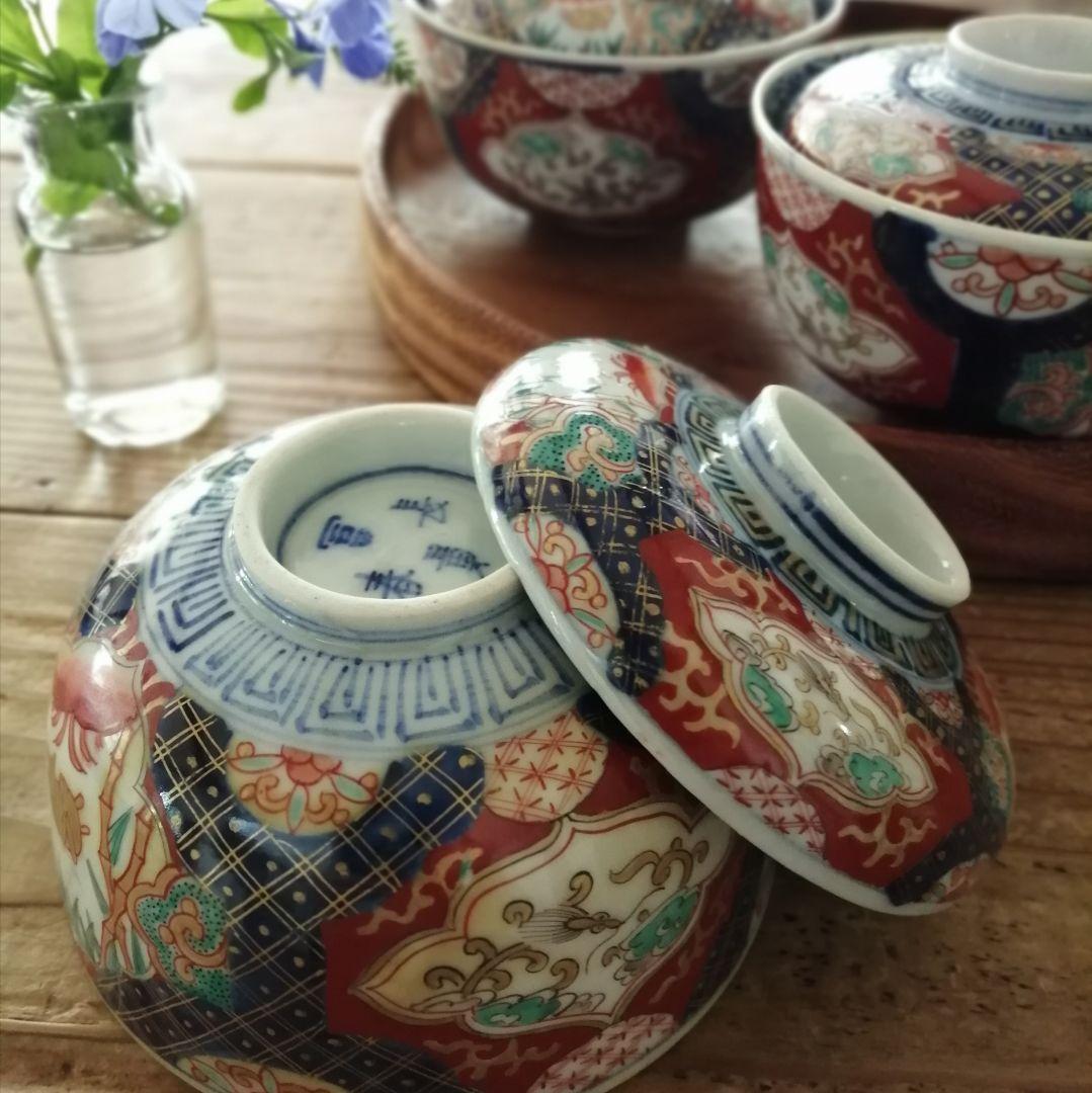 古伊万里　色絵　兎と龍　蓋茶碗　3客