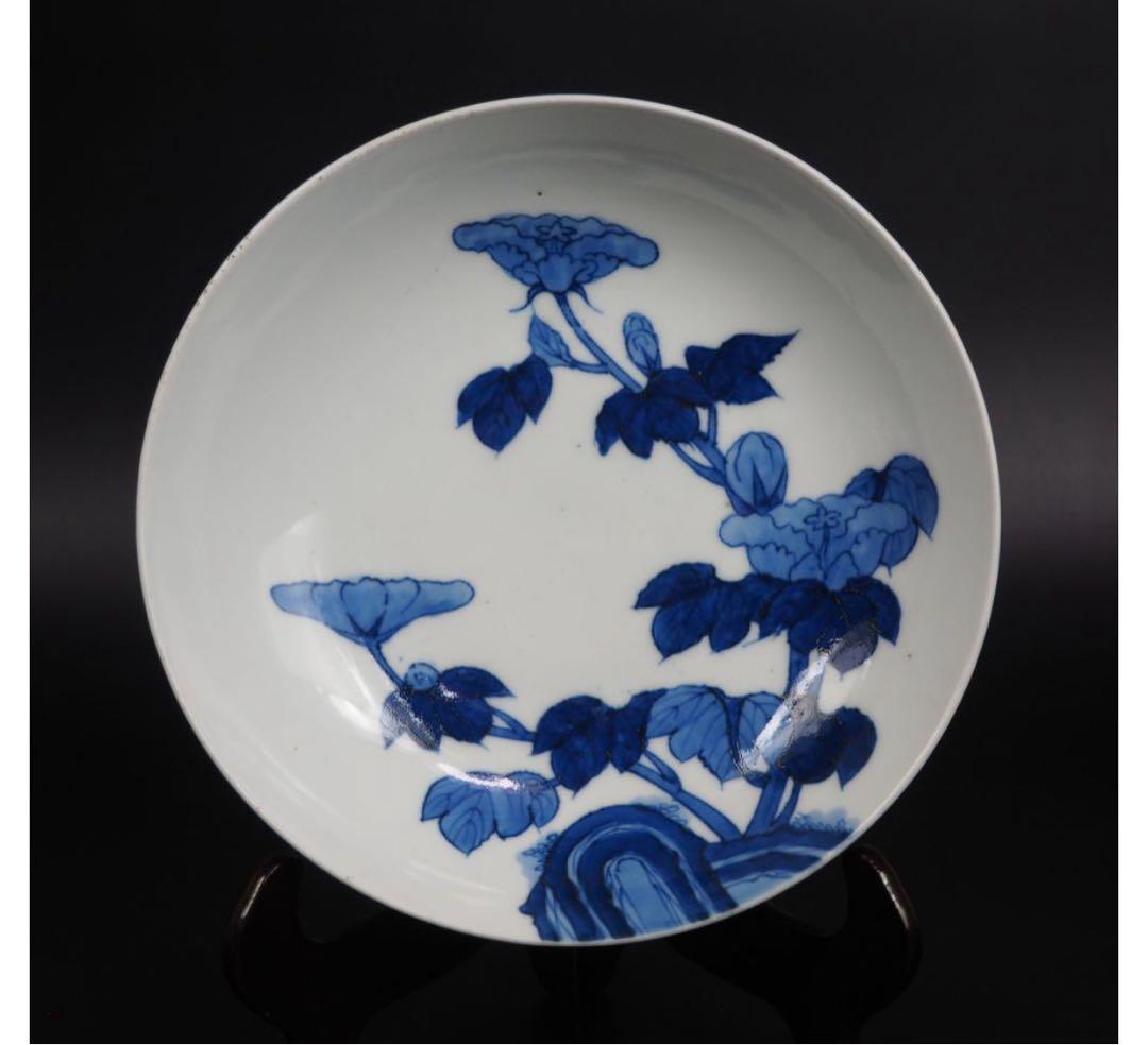 送料無料　江戸時代　鍋島焼　染付牡丹文皿　櫛高台 径20cm