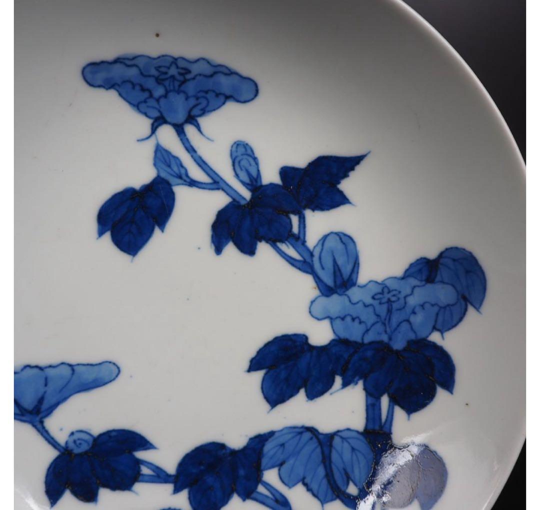 送料無料　江戸時代　鍋島焼　染付牡丹文皿　櫛高台 径20cm