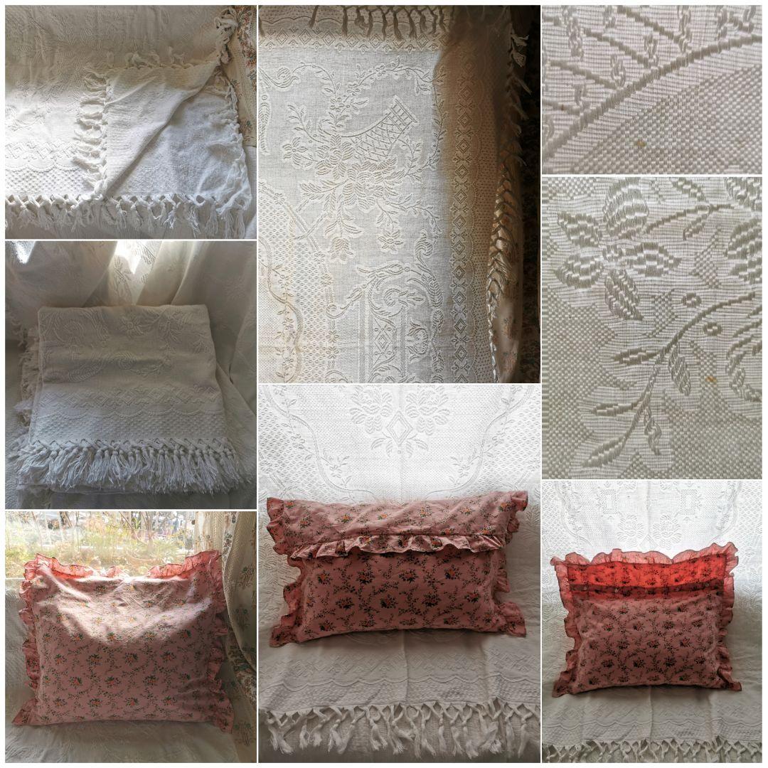 アンティーク南仏 ピケドプロヴァンス メダイヨン＆花籠 交差フリンジ付スプレッド