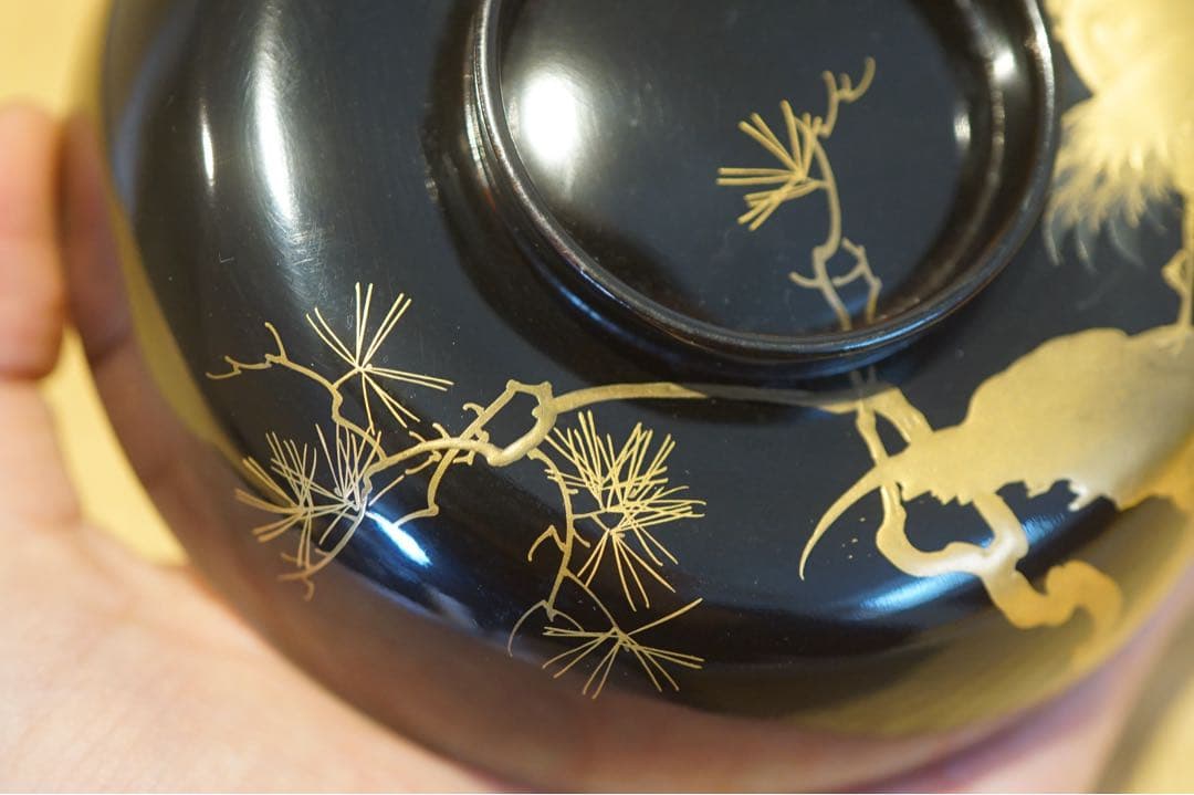 輪島塗 松鶴図金蒔絵 黒漆 吸物椀 2客 / 木製漆器 茶懐石