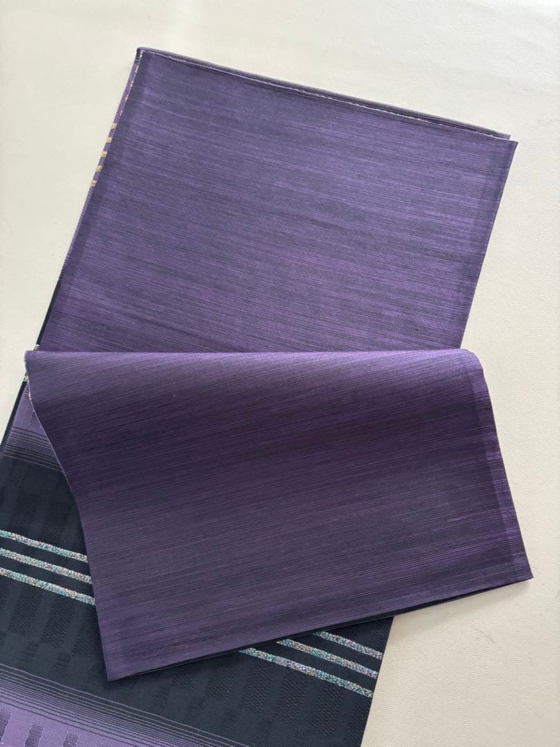 帯締めプレゼント/絹＋金属糸 吉野間道 黒×紫 袋帯 未使用同等 ガード加工