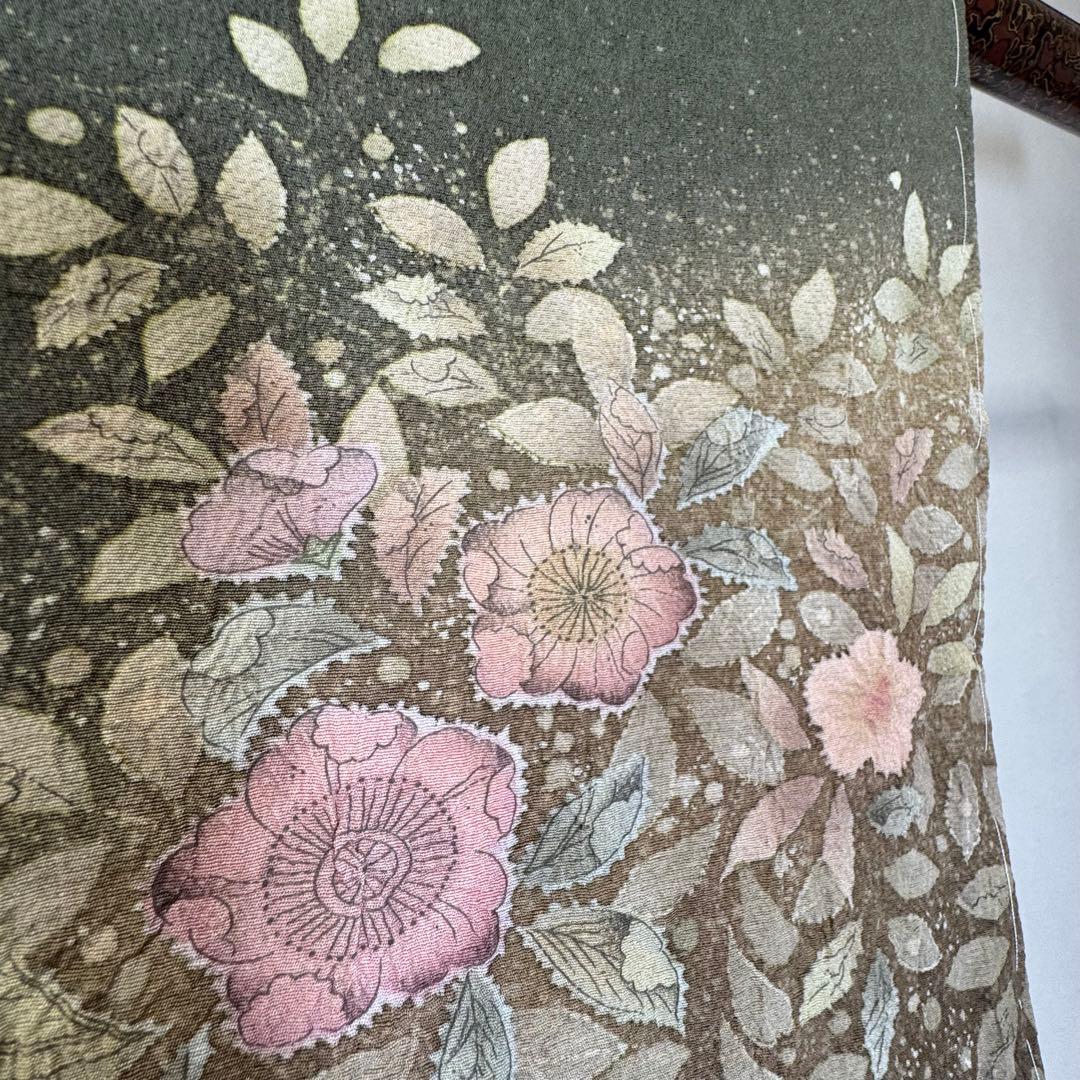 しつけ付き　正絹　袷　現代　広襟　訪問着　着物　辻ヶ花　紋無　深緑　156裄64